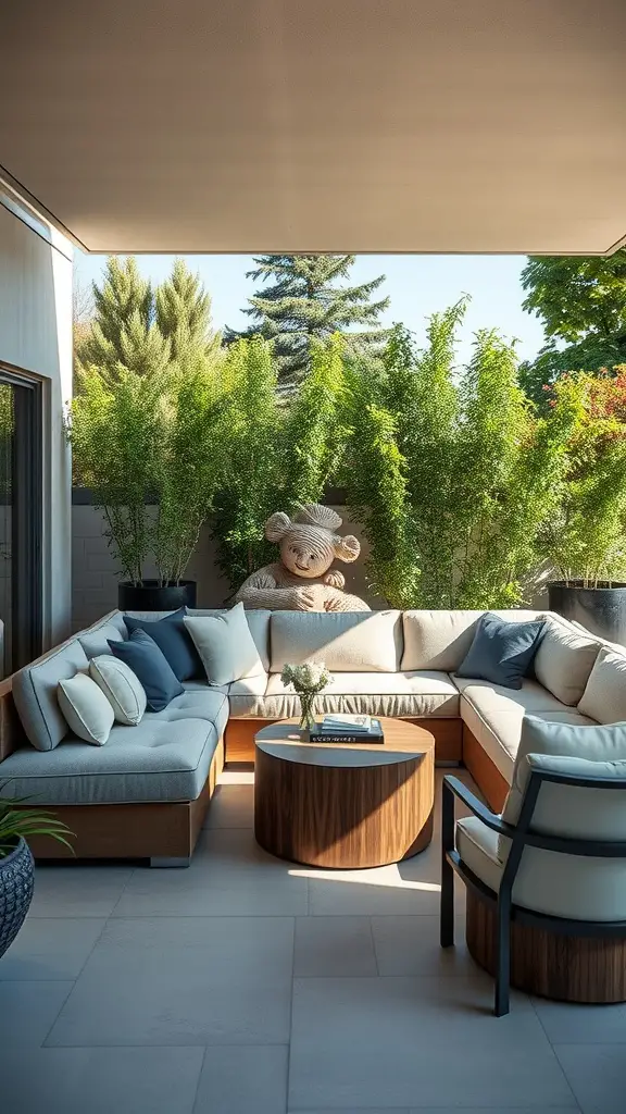27 Creative DIY Outdoor Sectional Ideas for Your Backyard Retreat 20 A luxurious outdoor lounge area featuring a sectional sofa, a round coffee table, and lush greenery.