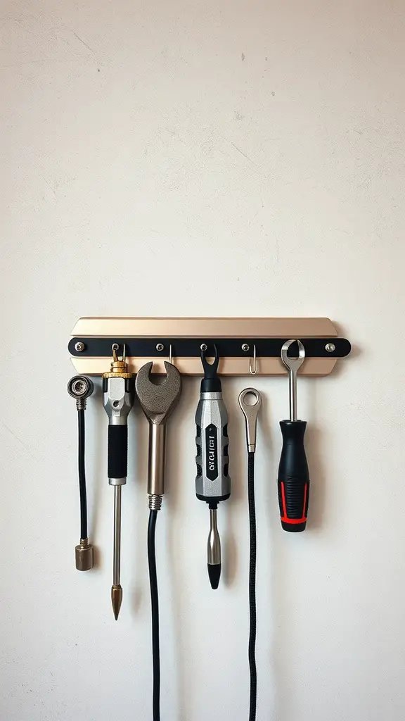 15 Creative Power Tool Storage Ideas for an Organized Workshop 5 A magnetic tool holder mounted on a wall with various tools attached.