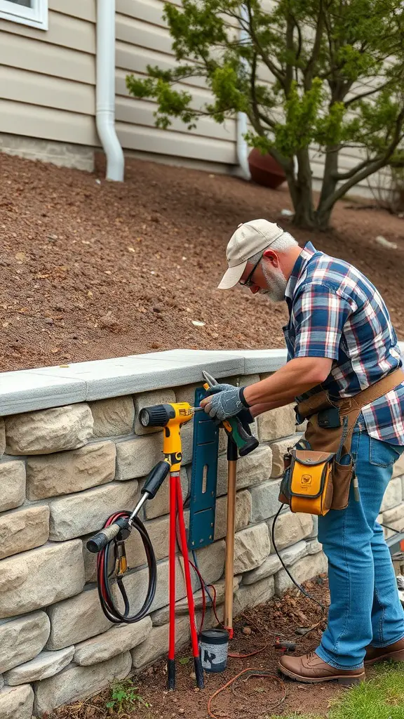 A person maintaining a stone retaining wall with tools in front of a house.