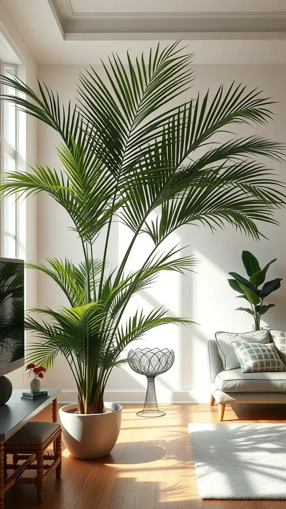 A tall Majesty Palm plant in a modern living room corner, next to a light-colored sofa and decorative elements.