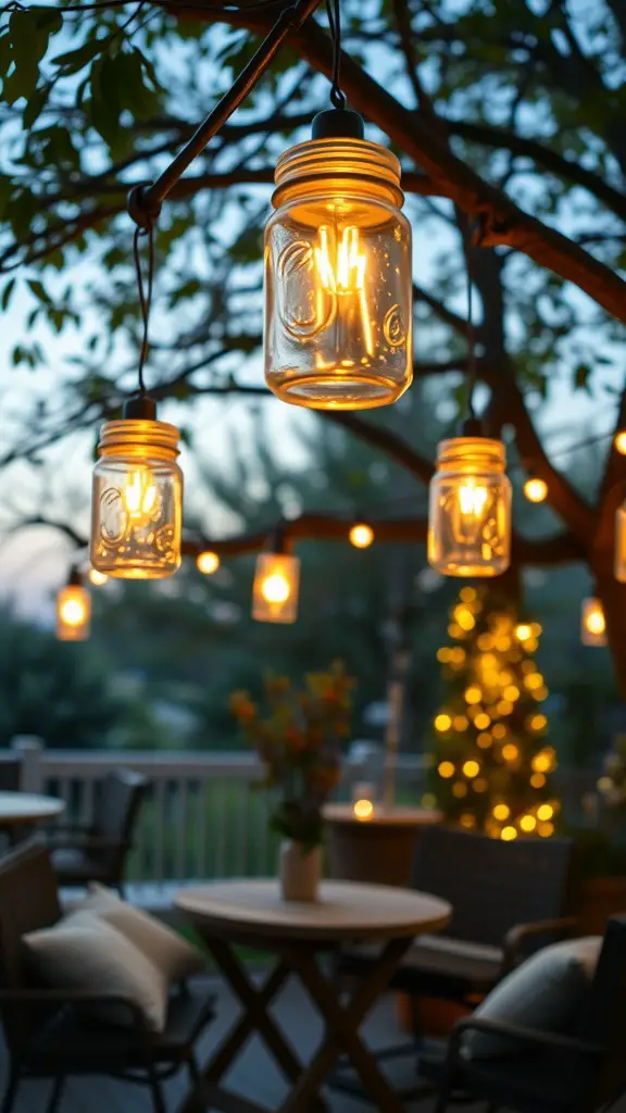 29 Affordable DIY Patio Furniture Ideas for Your Outdoor Space 7 Hanging mason jar lanterns illuminating a patio setting
