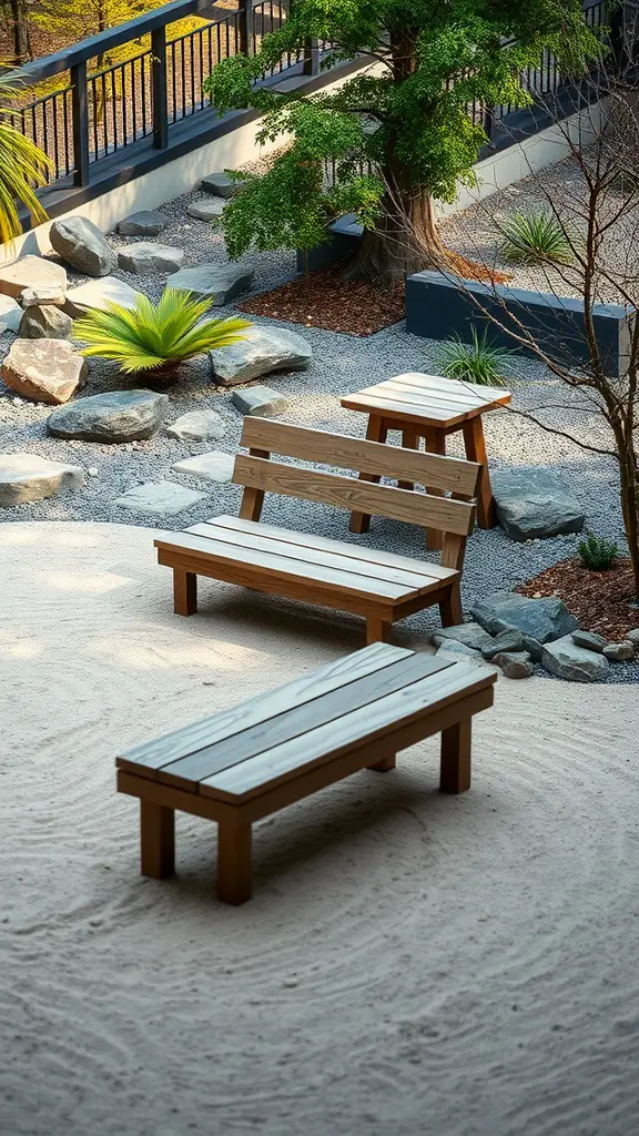 25 Creative Garden Bench Ideas to Enhance Your Outdoor Space 11 A serene garden scene featuring wooden benches in a sandy area surrounded by rocks and greenery.