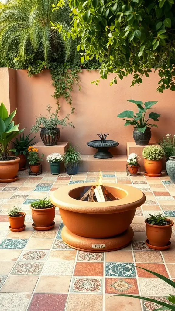 17 Inspiring Backyard Patio and Fire Pit Ideas 2 Mediterranean style patio featuring a terracotta fire pit surrounded by colorful tiles and potted plants.