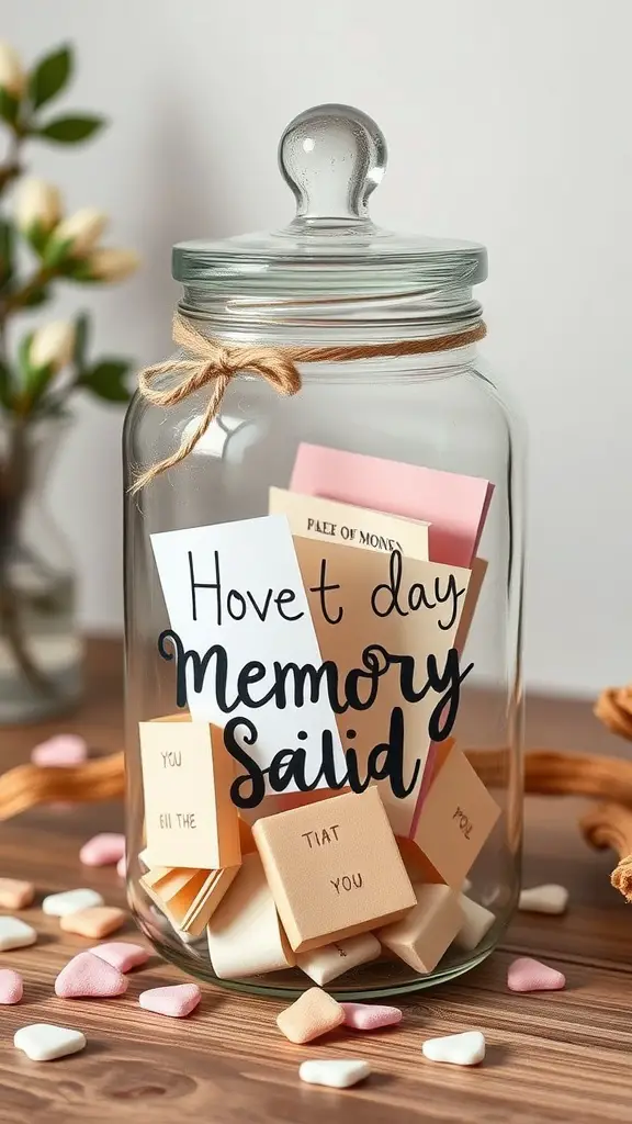 21 Creative Mother's Day Decor Ideas to Celebrate Mom 20 A glass memory jar filled with colorful notes, labeled 'Memory', surrounded by heart-shaped candies.