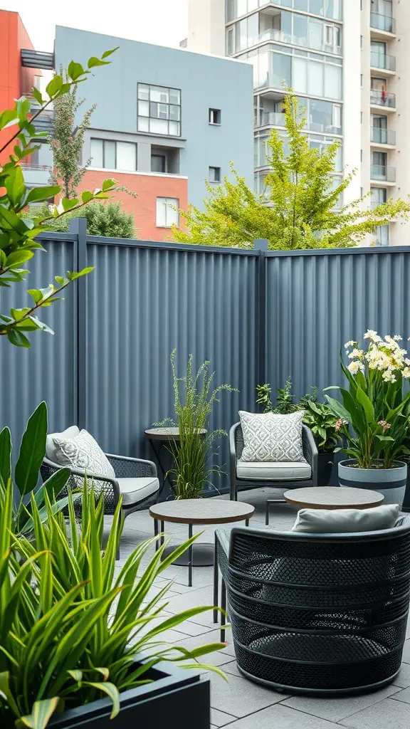 27 Affordable DIY Fence Ideas to Transform Your Yard 17 Outdoor seating area with a metal sheet fence, plants, and modern furniture.