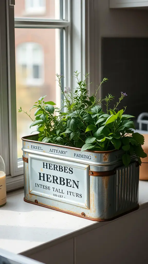 31 Creative DIY Planter Box Ideas for Your Garden 18 A metal tin planter filled with various herbs on a kitchen windowsill.