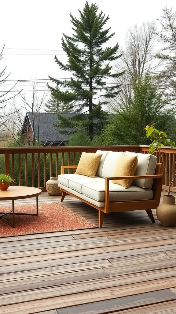 27 Creative DIY Outdoor Sectional Ideas for Your Backyard Retreat 9 Mid-century modern outdoor sectional with wooden frame and cream cushions, decorated with pillows on a wooden deck
