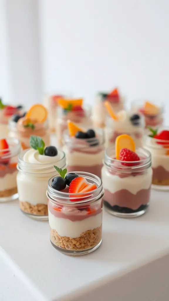 25 Creative Mother's Day Brunch Decor Ideas for Home 15 Mini dessert jars filled with layers of cream, fruits, and cookies