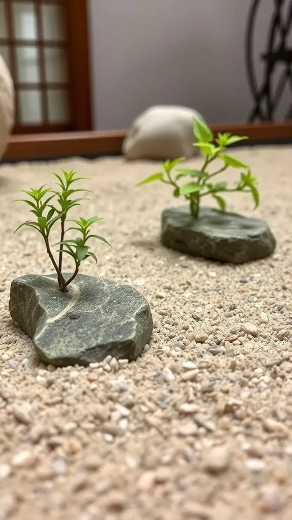 27 Creative Small Garden Plans for Limited Spaces 9 A close-up view of a mini Zen garden featuring small lush plants growing from stones on sandy soil.