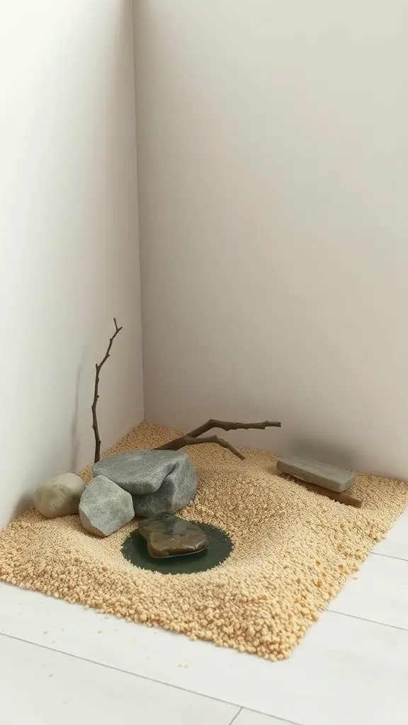23 Creative Corner Garden Ideas for Your Backyard 6 A small mini Zen garden featuring sand, stones, and twigs in a corner setup.