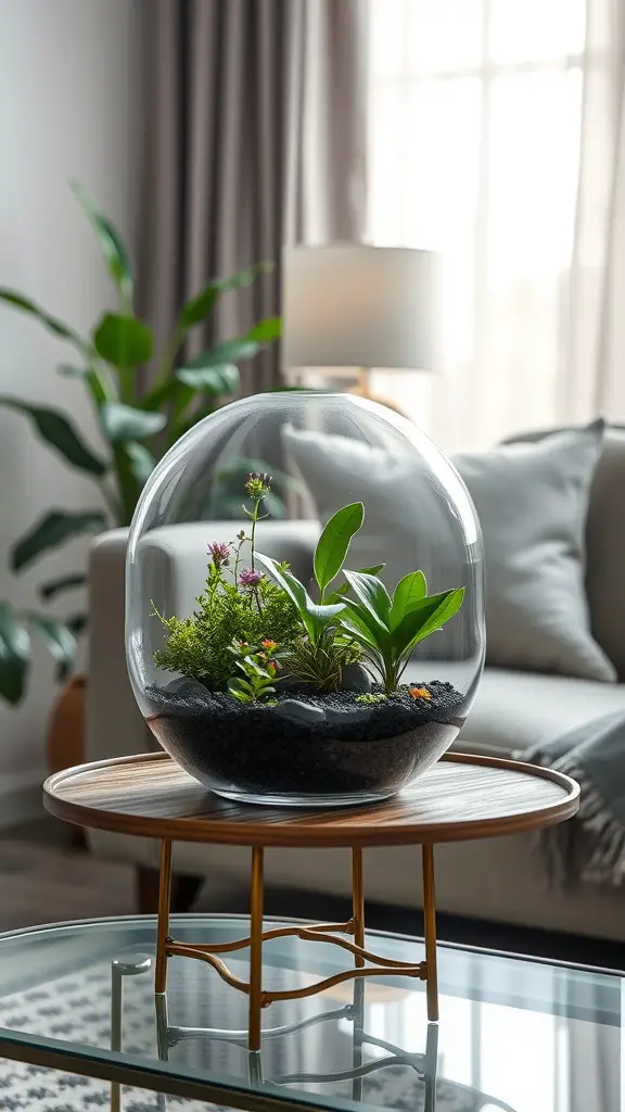 A glass terrarium with a miniature garden inside, displaying various green plants and colorful flowers on a wooden table in a living room.