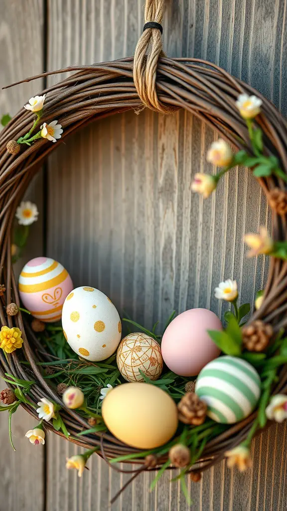 17 Creative DIY Easter Egg Wreath Ideas 14 A decorative Easter egg wreath featuring colorful eggs and small flowers.