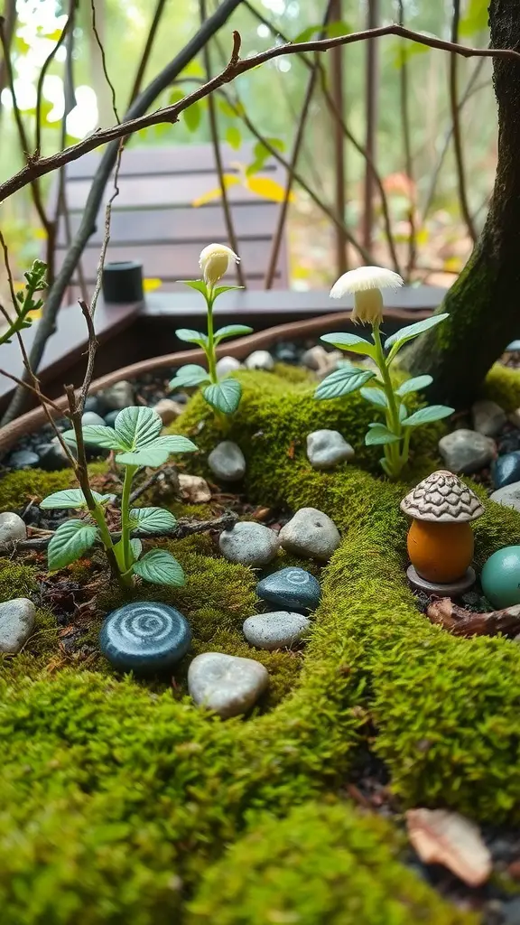 27 Creative Small Garden Plans for Limited Spaces 21 A miniature woodland garden featuring moss, small stones, delicate flowers, and a mushroom figurine.