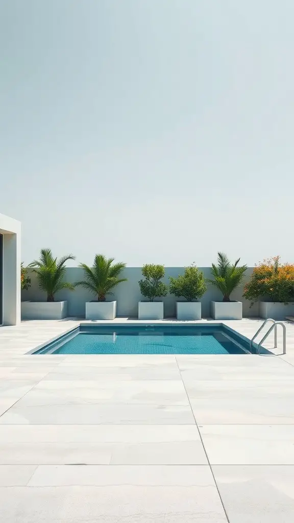 17 Stunning Above Ground Pool Deck Ideas You'll Love 12 A minimalist above-ground pool deck made of light-colored concrete with potted plants.