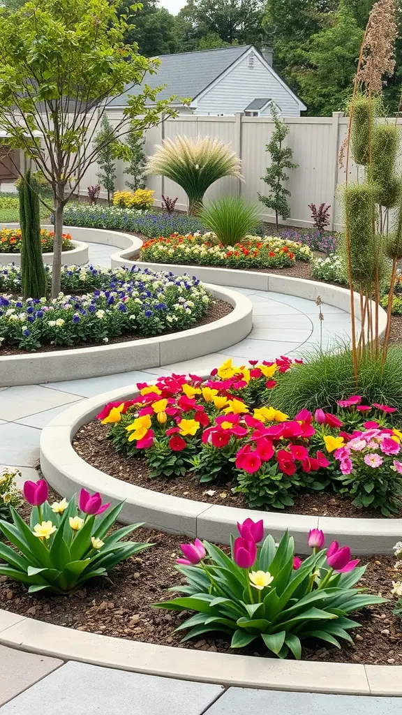17 Creative Curved Flower Bed Ideas to Enhance Your Garden 4 A garden with curved concrete borders showcasing colorful flower beds and a clean path.