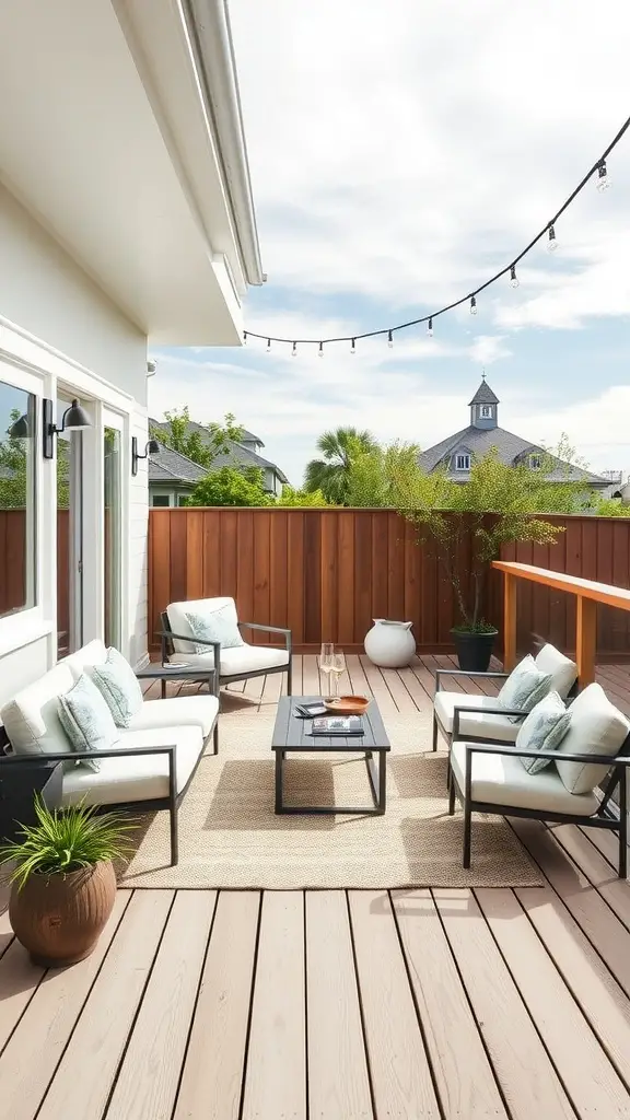 21 Unique Deck Layout Ideas You’ll Love 14 A minimalist deck featuring stylish seating, a coffee table, and potted plants, illuminated by string lights.