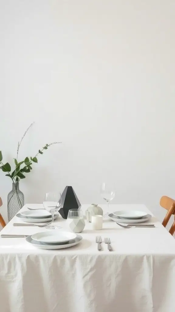 19 Stunning Summer Tablescape Ideas to Elevate Your Outdoor Dining 15 A minimalist Scandinavian dining table with light tablecloth, elegant plates, and geometric vases.