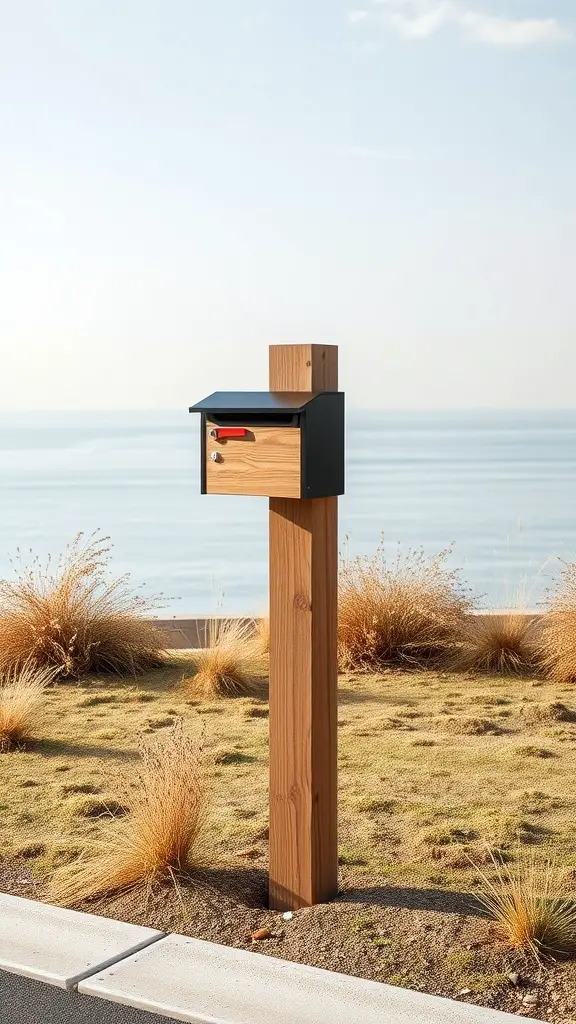 21 Creative DIY Mailbox Post Ideas for a Unique Curb Appeal 13 A minimalist wooden beam mailbox post with a sleek black mailbox and red handle, set against a calm backdrop.