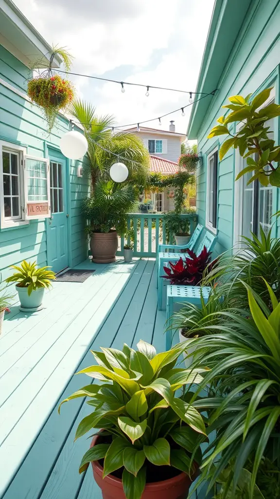 15 Stunning Deck Paint Color Ideas to Transform Your Outdoor Space 15 A mint green deck surrounded by plants and string lights