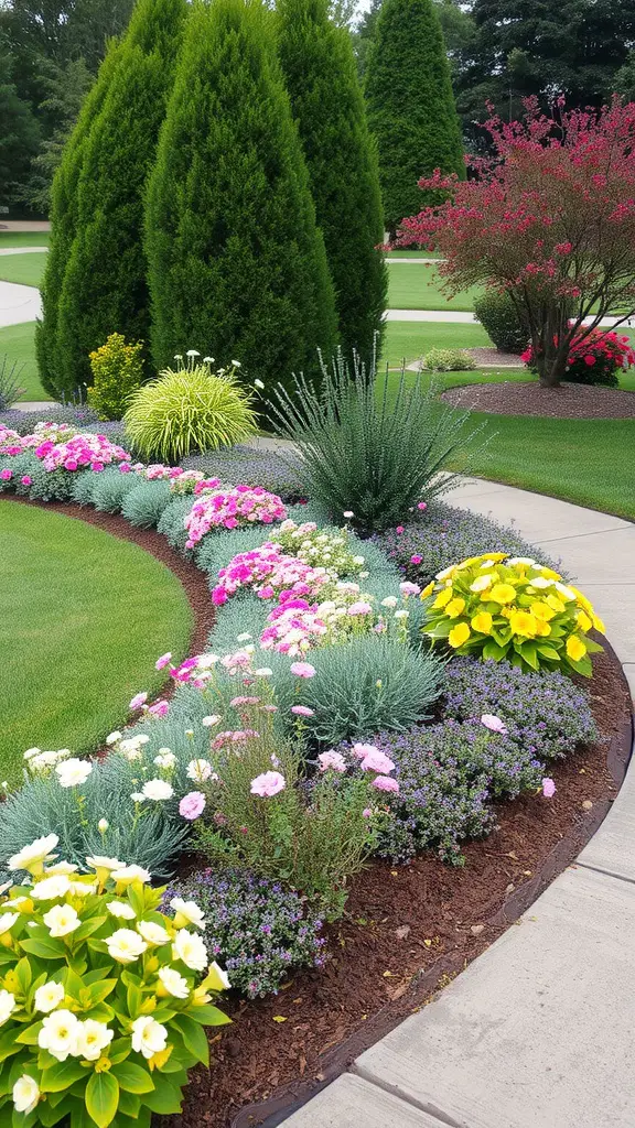 17 Creative Curved Flower Bed Ideas to Enhance Your Garden 14 A colorful curved flower bed featuring a mix of flowers and shrubs.
