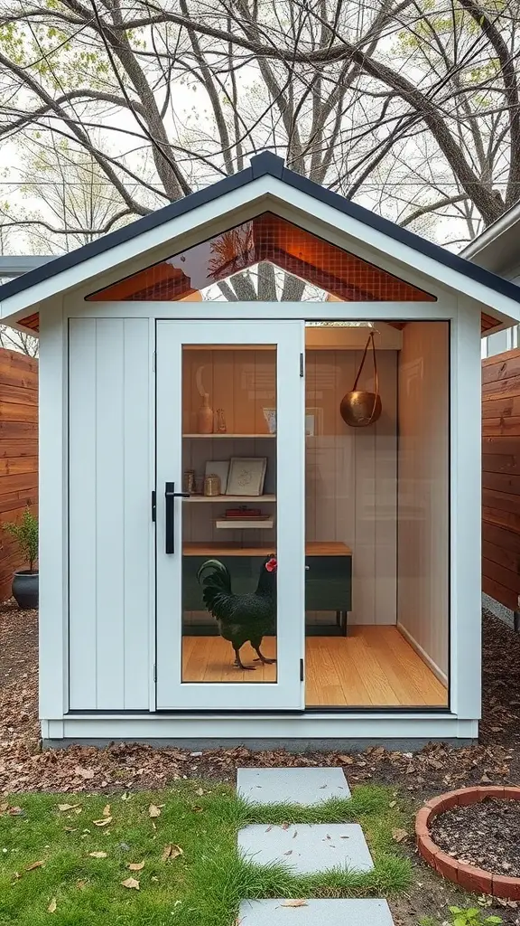17 Creative Walk-In Chicken Coop Ideas You'll Love 2 A modern walk-in chicken coop with a glass door, wooden flooring, and a stylish interior.
