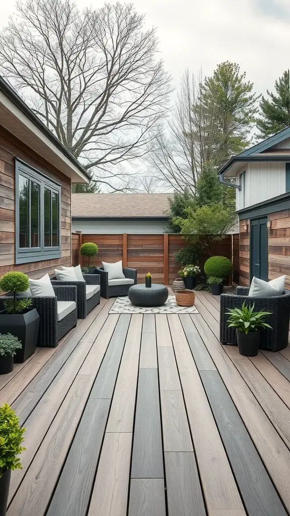 15 Creative Garden Decking Ideas for Your Outdoor Space 6 A modern deck featuring composite materials with sleek lines, comfortable seating, and potted plants.