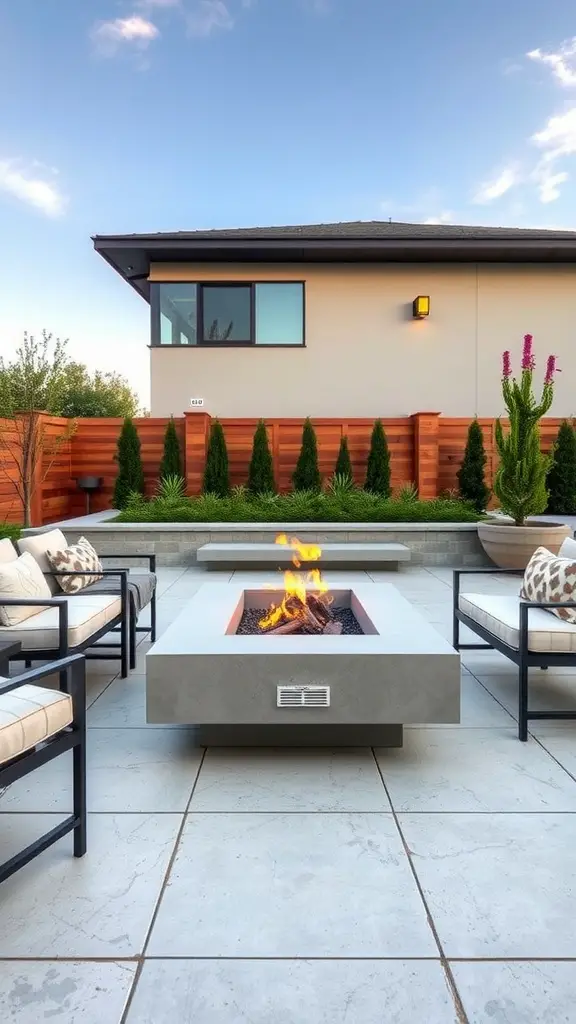 17 Inspiring Backyard Patio and Fire Pit Ideas 6 A modern outdoor patio featuring a concrete fire pit and sleek black furniture with cushions.