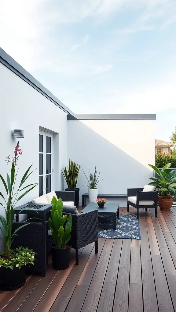 19 Creative Deck with Roof Ideas for Your Outdoor Space 10 Stylish modern flat roof deck with wicker furniture and potted plants