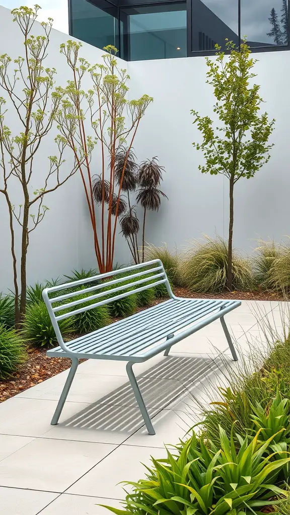 25 Creative Garden Bench Ideas to Enhance Your Outdoor Space 9 A modern metal bench in a garden setting, surrounded by plants and trees.