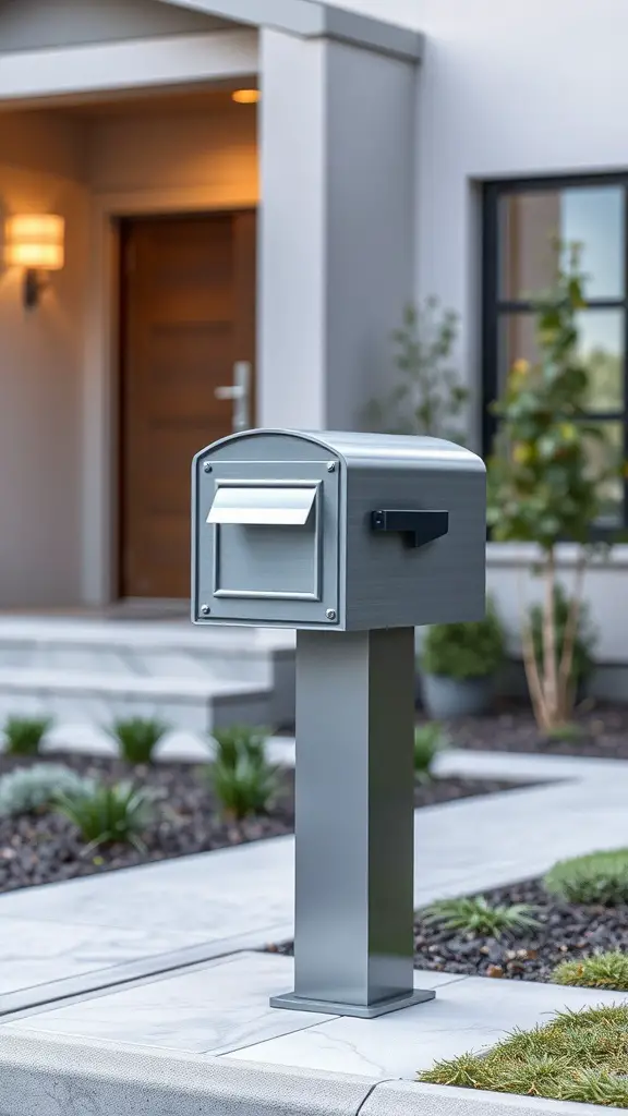 21 Creative DIY Mailbox Post Ideas for a Unique Curb Appeal 8 Modern metal mailbox post with a geometric design, situated in a contemporary front yard.