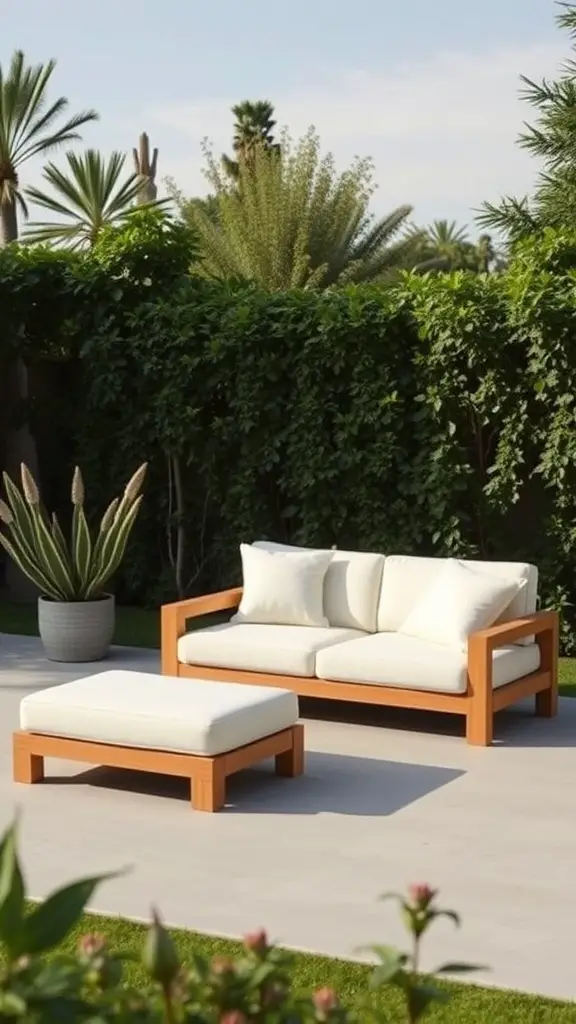 27 Creative DIY Outdoor Sectional Ideas for Your Backyard Retreat 2 A modern minimalist outdoor sectional with a wooden frame and white cushions, surrounded by greenery.