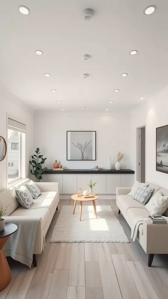 17 Inspiring Mobile Home Living Room Ideas to Transform Your Space 2 A modern minimalist living room with two sofas, a coffee table, and natural light.