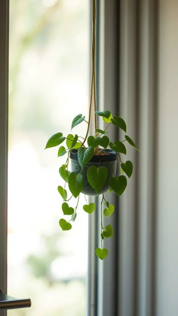 15 Gorgeous Hanging Plants Perfect for Your Windowsill 13 A Money Plant hanging in front of a window, with green heart-shaped leaves.