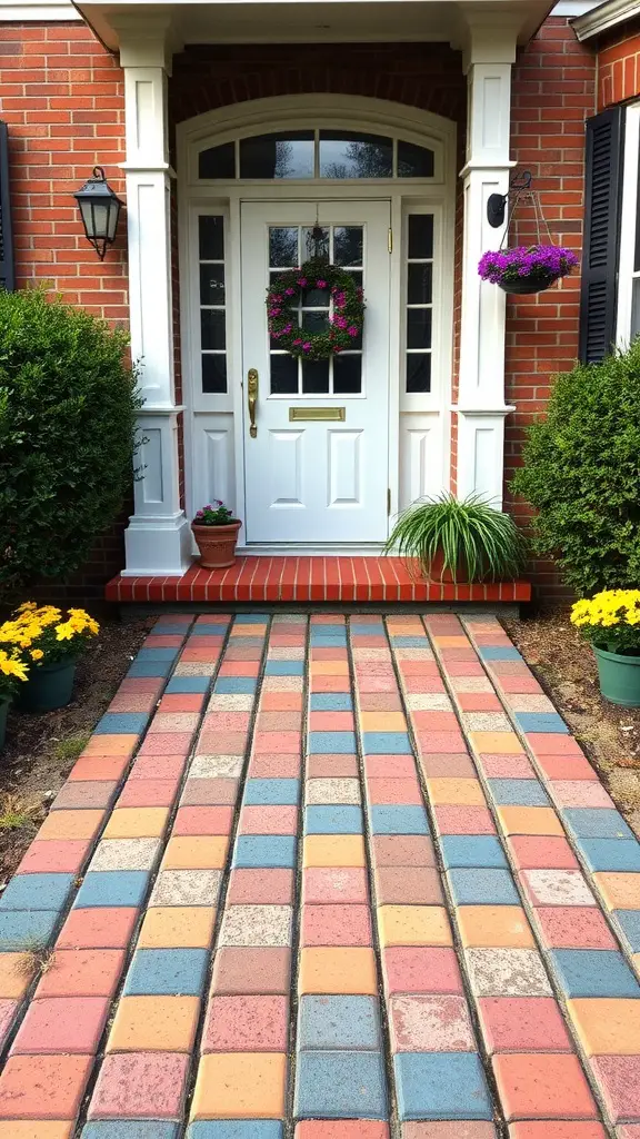 25 Stunning Brick Walkways to Enhance Your Front Door Curb Appeal 8 A colorful brick walkway leading to a front door, surrounded by plants and flowers.