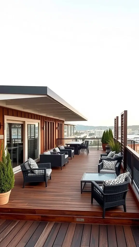19 Creative Deck with Roof Ideas for Your Outdoor Space 13 A multi-layered roof over a wooden deck with outdoor seating.