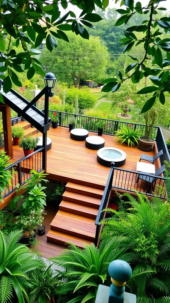 17 Stunning Modern Deck Ideas for Your Outdoor Space 6 A multi-level wooden deck surrounded by lush greenery and plants, featuring seating areas and stairs.