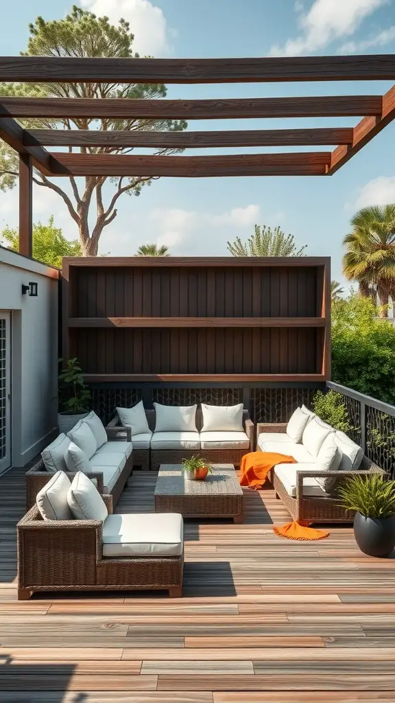 27 Creative DIY Outdoor Sectional Ideas for Your Backyard Retreat 14 A multi-level deck featuring a comfortable sectional sofa with white cushions, a wooden pergola overhead, and surrounding greenery.