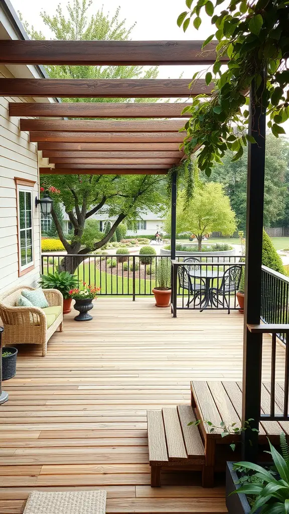 15 Creative Garden Decking Ideas for Your Outdoor Space 7 A multi-level wooden deck with seating and plants, overlooking a landscaped garden.