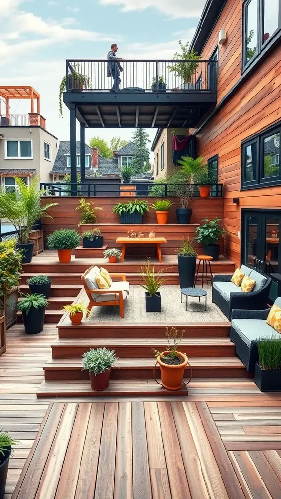 21 Unique Deck Layout Ideas You’ll Love 7 Image of a multi-level deck with seating areas, plants, and a person standing on the upper level.