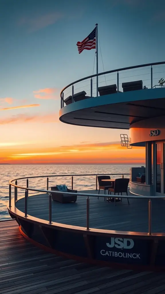 19 Stunning Floating Deck Plans You'll Love 4 Multi-level floating deck with seating and American flag at sunset