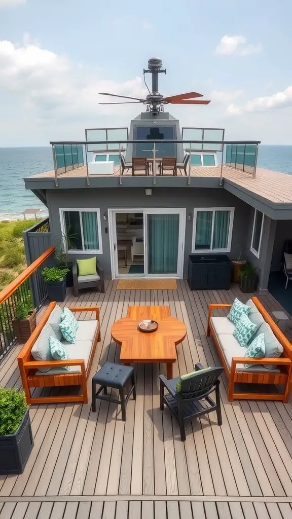 21 Unique Deck Layout Ideas You’ll Love 17 A multi-purpose deck overlooking the sea, featuring comfortable seating and a central table for entertainment and leisure.