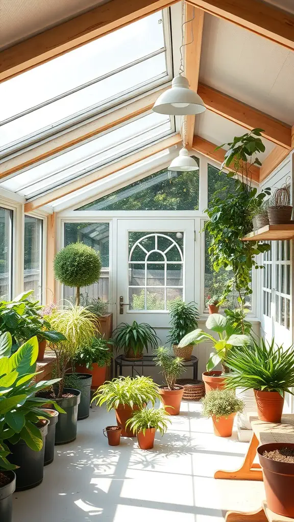 23 Stylish Potting Shed Interior Ideas for a Modern Touch 9 A bright and inviting potting shed with skylights, showcasing various potted plants.