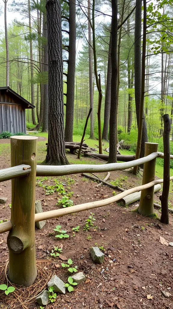 27 Affordable DIY Fence Ideas to Transform Your Yard 14 Natural log fence in a forested area, complementing the surrounding nature.