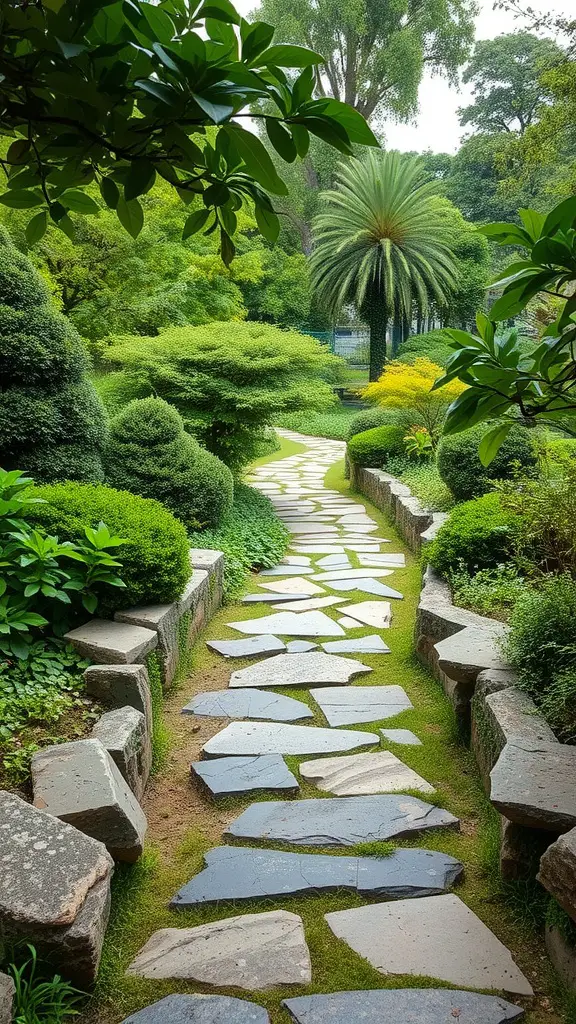 27 Absolutely Stunning Secret Garden Ideas to Inspire Your Space 19 A winding natural stone pathway surrounded by lush greenery and carefully shaped bushes.