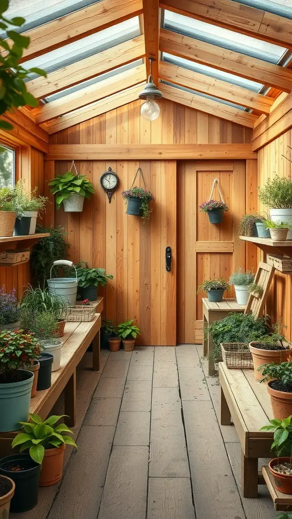 23 Stylish Potting Shed Interior Ideas for a Modern Touch 19 Interior of a potting shed with natural wood finishes, featuring wooden walls, benches, and various potted plants.