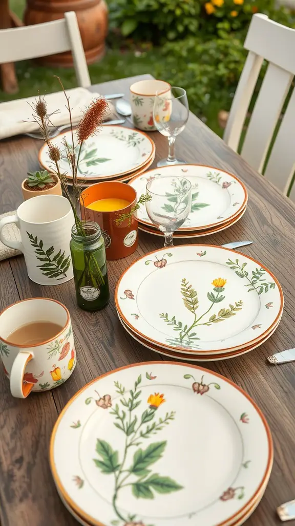 25 Creative Mother's Day Brunch Decor Ideas for Home 27 A table set with nature-inspired dinnerware featuring floral patterns, surrounded by greenery.