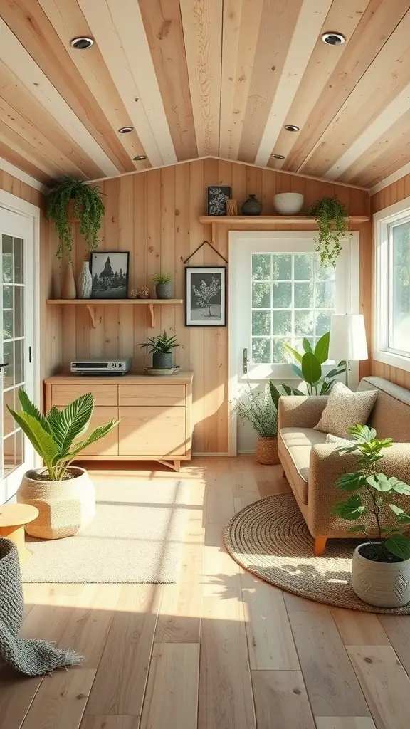 17 Inspiring Mobile Home Living Room Ideas to Transform Your Space 5 A cozy mobile home living room with wood paneling and greenery.