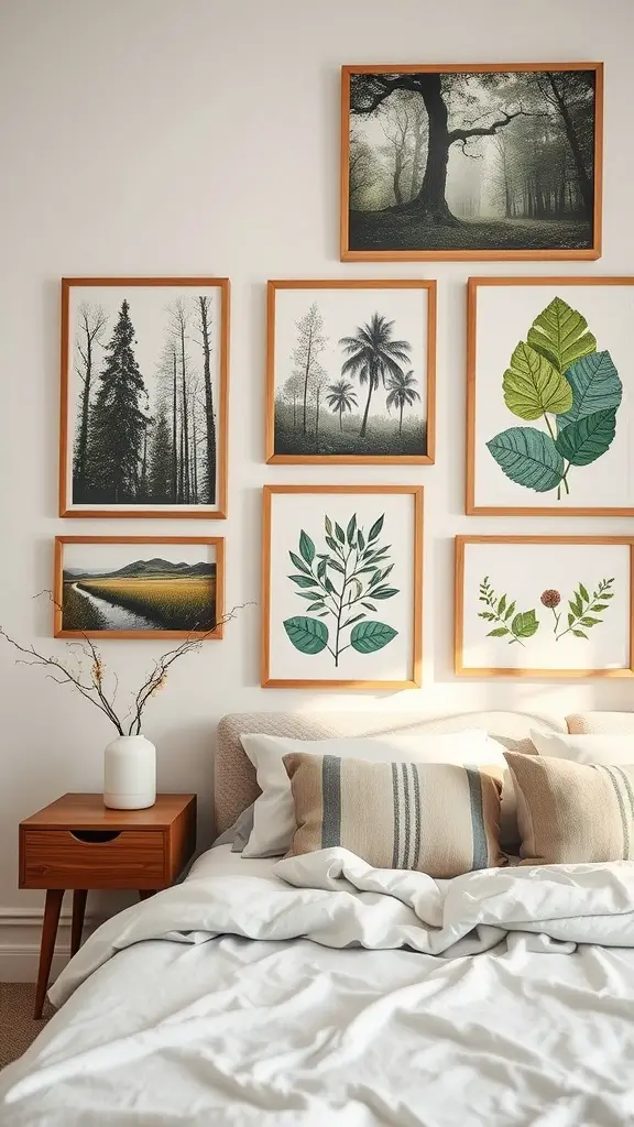 19 Enchanting Forestcore Bedroom Ideas 3 A cozy forestcore bedroom with nature-themed wall art featuring trees, leaves, and landscapes.