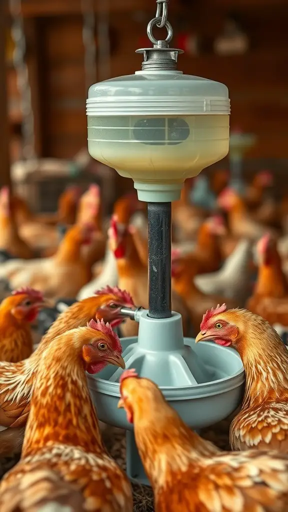 17 Creative DIY Chicken Waterer Ideas for Your Coop 5 Chickens gathered around a nipple waterer in a coop.