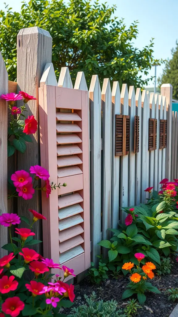 27 Affordable DIY Fence Ideas to Transform Your Yard 13 A colorful fence made from old shutters and flowers in a garden